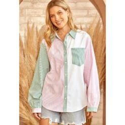 Andrée Andree By Unit Women's Green And Pink Stripe Button Shirt