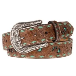 Ladies 1.5in. Belt With Turquoise Underlay And Buckstitch
