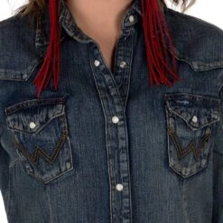 Wrangler Women's Vintage Denim Snap Shirt -Deals Cowgirl Kit Store LW3039D 13