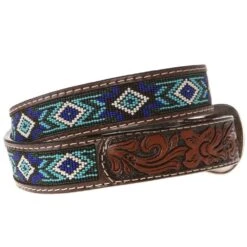 Western Fashion Mens Brown Belt With Blue And Turquoise Beading XIBB101 -Deals Cowgirl Kit Store XIBC 1 1